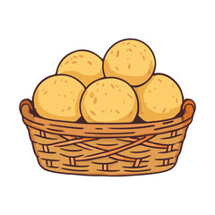 Cute Cartoon Basket of Golden Fried Puri Balls, Indian Bread Food Illustration Art