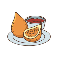 Cute Cartoon Coxinha Brazilian Fried Snack with Chicken Filling and Red Dipping Sauce, Appetizer Food Illustration Art