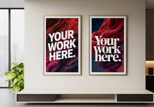 Two Vertical Poster Mockups on Modern Interior Wall