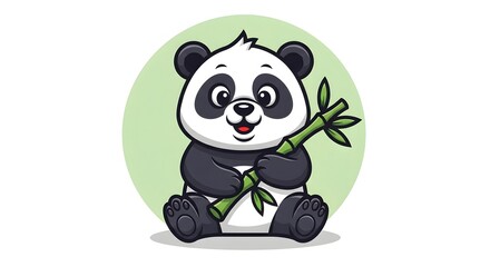 Cute panda bear cartoon character holding bamboo branch on green circle background adorable animal vector illustration exactly 190 characters