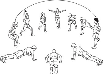 Diverse fitness poses and exercises illustrated in a circular diagram