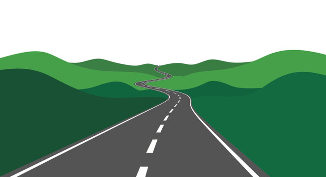 A winding asphalt road disappears into the horizon over rolling green hills in a vector illustration.