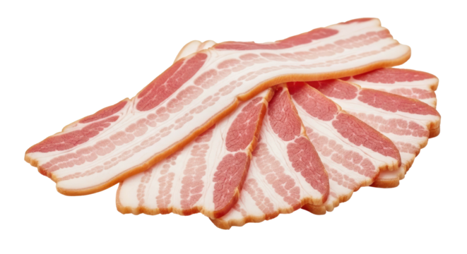 Sliced raw pork bacon arranged in a radial pattern on a solid black backdrop