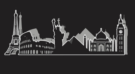 Obraz premium A black and white illustration showcasing a skyline of famous world landmarks.