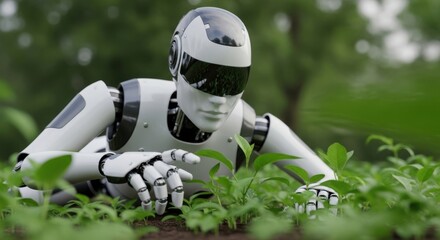 Agricultural Robot Inspection: White Humanoid Robot Crouching Down to Examine Seedlings and Plants in a Field for Smart Farming and Future Technology