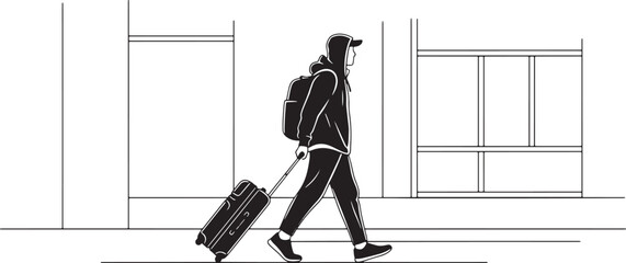 Silhouette of a person with a backpack pulling a suitcase