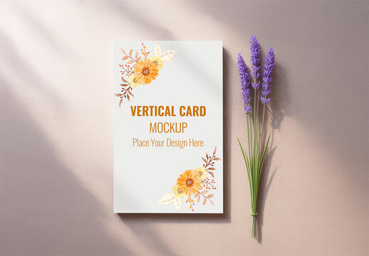 Vertical Invitation Card Mockup with Realistic Floral Shadow