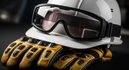 Construction Safety Gear: Close-up of a White Hard Hat, Protective Goggles, and Yellow Work Gloves for Industrial Safety and Worker Protection