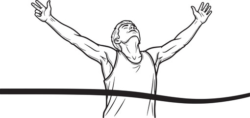 Athlete celebrates victory crossing the finish line with arms raised