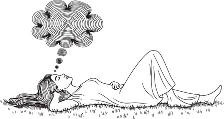 Woman lying in grass with intricate thought bubble above her head