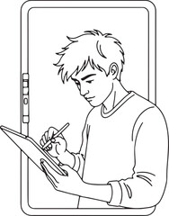 Line art sketch of a person looking at a phone