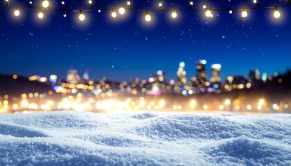 Fototapeta premium Cozy Christmas Lights on Snowy Ground at Dusk. Warm Glow Against Dark Blue Winter Sky. Festive City Bokeh.