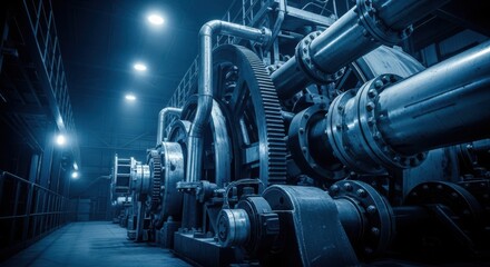 Heavy Industrial Machinery: Close-up of Massive Metal Gears, Pipes, and Mechanical Components in a Dark Factory Setting for Manufacturing and Engineering
