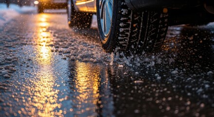 Winter Driving Danger: Close-up of Car Tire on Wet, Icy Road Spraying Slush with Reflected Light for Safety, Cold Weather, and Road Conditions