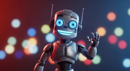 Friendly Robot Greeting: Close-up of a Cute Metal Robot with a Smiling Face and Blue Glowing Eyes Waving Hello for AI, Technology, and Customer Service