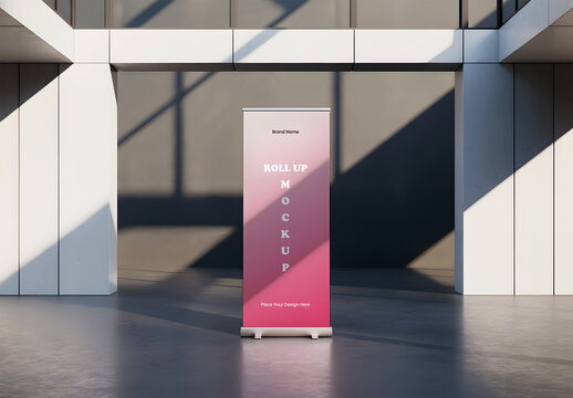 Vertical Roll Up Banner Mockup in Modern Exterior