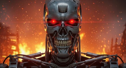 Robot Skul: Close-up of a Futuristic Robot Skull with Red Glowing Eyes and Fiery Background for AI Threat and Science Fiction