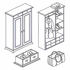 Isometric line art wardrobe and storage items closet