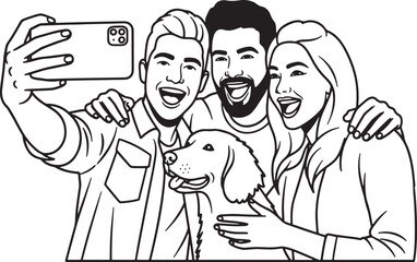 Three friends and a dog take a happy selfie together