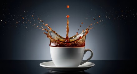 Coffee Splash Dynamic Action: Close-up of Coffee Splashing out of a White Cup and Saucer with Liquid Droplets for Energy, Motion, and Beverage Advertising