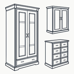 Three outline furniture icons wardrobe chest of drawers