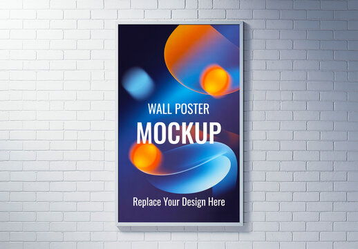 Vertical Wall Poster Mockup on a White Brick Background
