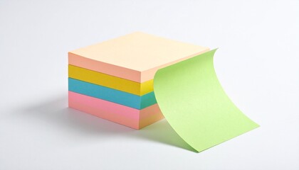 Colorful stack of sticky notes with a green sheet peeling off, isolated on a white background, perfect for reminders, organization, and office supplies.