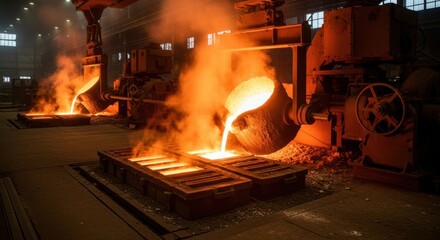 Industrial Metal Casting: Molten Metal Pouring from Large Ladles into Molds on a Foundry Floor with Intense Heat and Smoke for Heavy Industry and Manufacturing