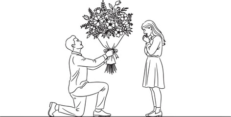 Couple s romantic proposal with flowers in a sketch style
