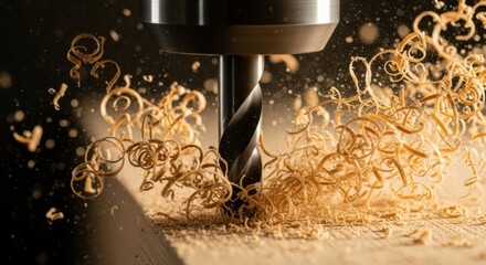 Woodworking Drill Action: Close-up of a Drill Bit Penetrating Wood with Explosive, Flying Wood Shavings and Sawdust for Industry and Carpentry