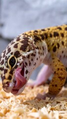 Naklejka premium A close-up shot of a leopard gecko, featuring its patterned skin and pink tongue extended. The gecko rests on wood shavings