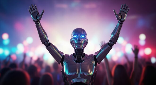 AI Robot Celebration: Robot Figure with Glowing Blue Eyes Raising Hands in a Crowd Against a Neon-Lit Background for Technology and Human Interaction - Powered by Adobe