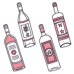 Four pink and purple wine bottles flat vector alcohol
