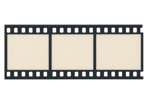 Film strip with blank frames, realistic old movie reel negative creating a vintage cinema look on transparent background