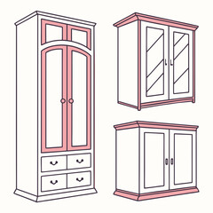 Three white wardrobes with pink accents flat vector