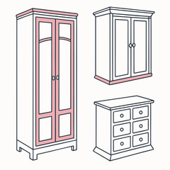 Three simplified furniture icons with pink accents