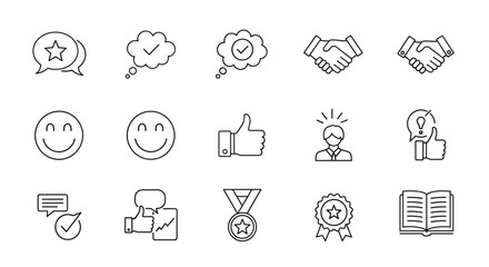 Collection of thin line icons representing feedback, testimonials, and customer satisfaction, including speech bubbles with stars and checkmarks, smiling faces, thumbs up, handshakes, a medal, a