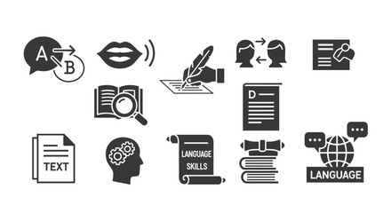Diverse language and communication icons set, including speech bubbles with A and B for translation, open mouth for speaking, hand writing with a quill, book with magnifying glass, document with D