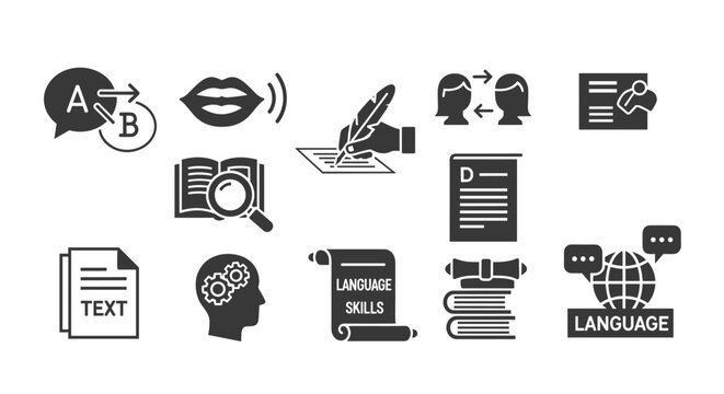 Diverse language and communication icons set, including speech bubbles with A and B for translation, open mouth for speaking, hand writing with a quill, book with magnifying glass, document with D