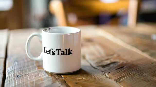 White mug with "Let's Talk" text on wooden table