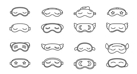 Collection of 16 simple line art sleep mask icons, featuring diverse designs like stars, moons, eyelashes, and wings, presented on a clean white background, perfect for sleep, relaxation, and travel