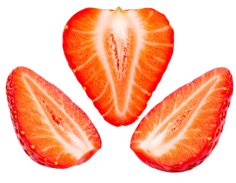 Fresh Sliced Strawberries Floating in Mid-Air, Realistic Fruit Pieces Isolated on Transparent Background - Powered by Adobe