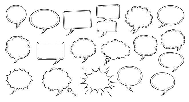 Collection of diverse hand-drawn speech bubble outlines, perfect for graphic design, illustration, comics, and digital content creation. Features editable stroke for customization, ideal for books
