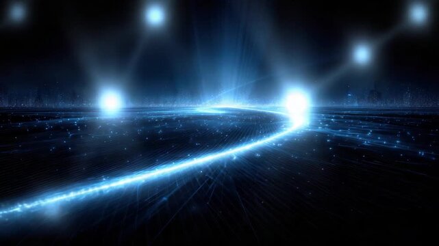 Glowing blue lines create a path through a dark, textured landscape, with bright light overhead