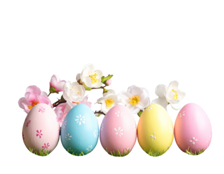 Pastel Easter Egg Arrangement With Floral Garland and Grass Strip, Horizontal Spring Border PNG - Powered by Adobe