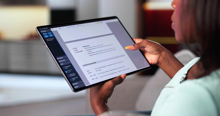 African American Woman Prepares Virtual Job Interview On Tablet