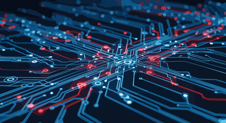 Futuristic digital circuit board background with glowing blue and red lines and nodes, symbolizing advanced technology, data flow, innovation, complex electronics, and seamless connectivity in a