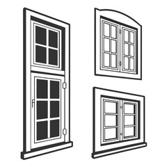Four black silhouette window icons with white panes