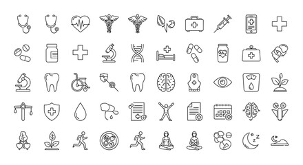 A comprehensive collection of medicine and health-related line icons, perfect for banners, mobile applications, and websites, featuring editable strokes and presented on a clean white background for