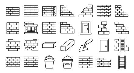 Collection of Building and Construction Related Line Icons: Featuring Brick Walls, Stairs, Doors, Ladders, Trowels, and Buckets of Sand, Perfect for Graphic Design, Web Development, Apps